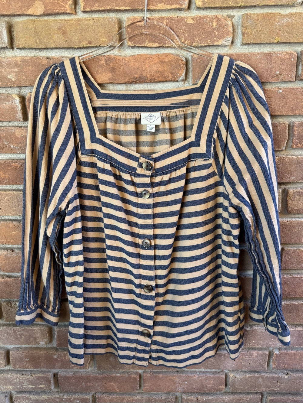 St. John's Bay Navy & Tan Striped Square-Neck Button Front Blouse